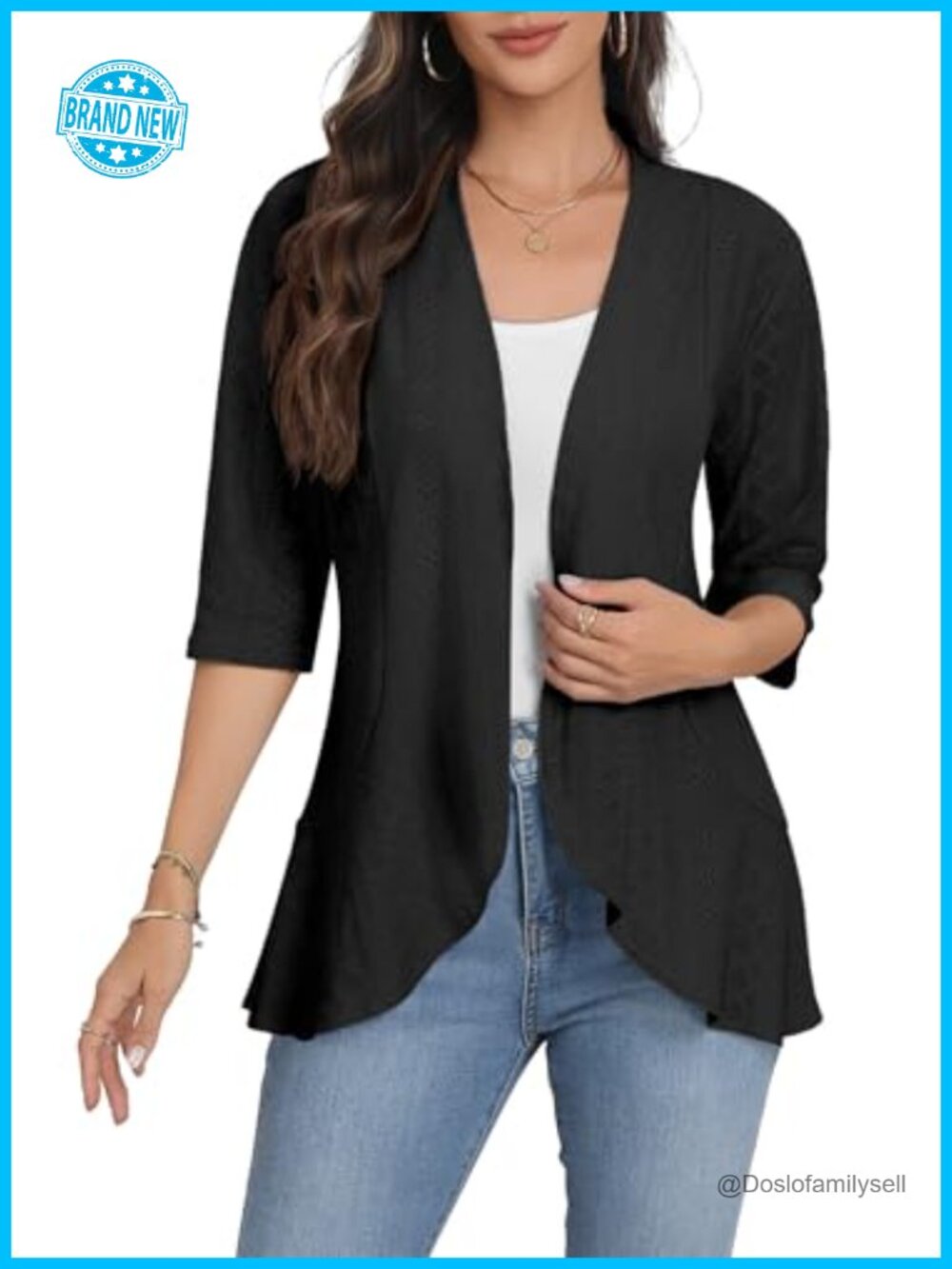 Women 3/4 Sleeve Open Front Eyelet Knit Ruffled Cardigan Kimono Coverup